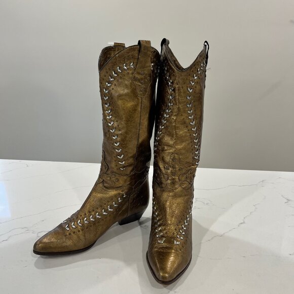 VTG LENNI Leather Low-Heel Western Boot Golden Color with Cut-Out Design 6.5 B - Picture 5 of 13